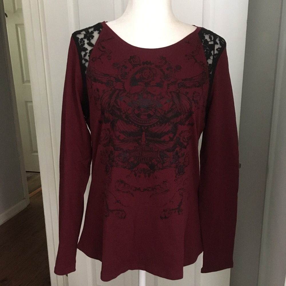 Harley Burgundy w/ Black Graphic & Lace Inserts Long Sleeve Top Size MEDIUM